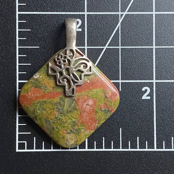 Natural Unakite Jasper Stone 925 Ster Silver Pendant Floral Enhancer Filigree - Picture 8 of 9